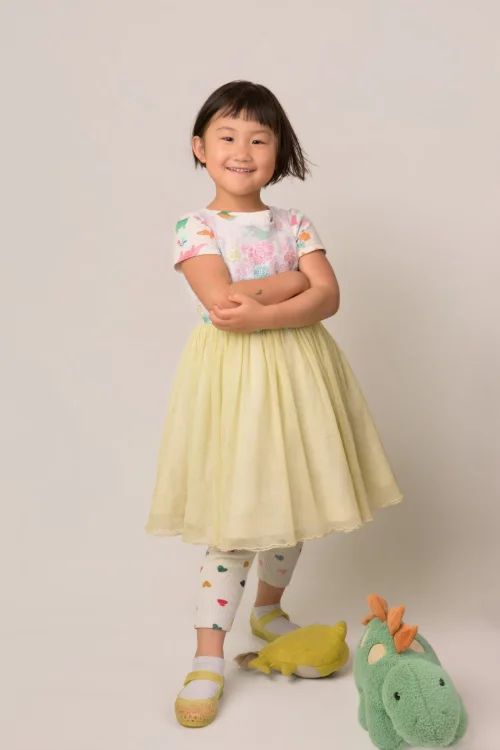 A girl in a yellow tulle skirt standing with her toy dinosaurs
