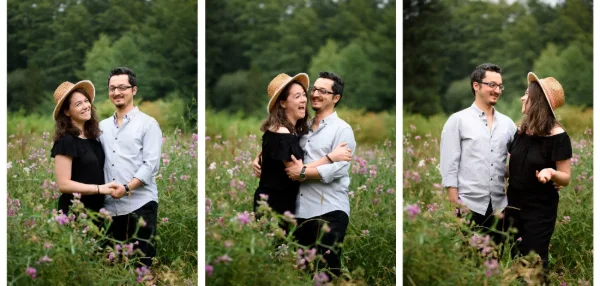 Three frame set of a couple laughing together in a wildflower meadow during an outdoor session