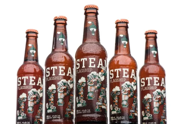 White background packshot of five chilled craft beer bottles for e-commerce listings