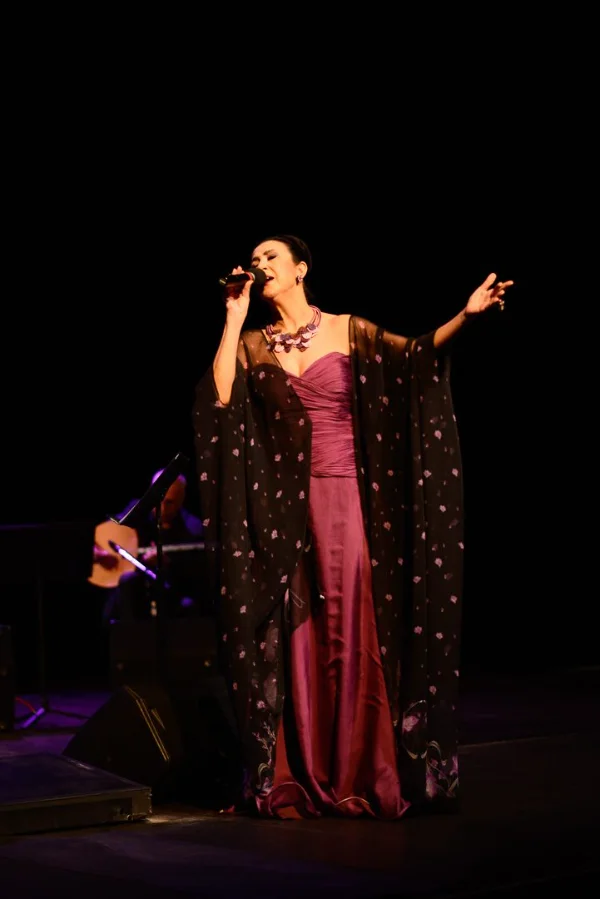Close frame of the vocalist mid-song in a beaded gown under the stage lights
