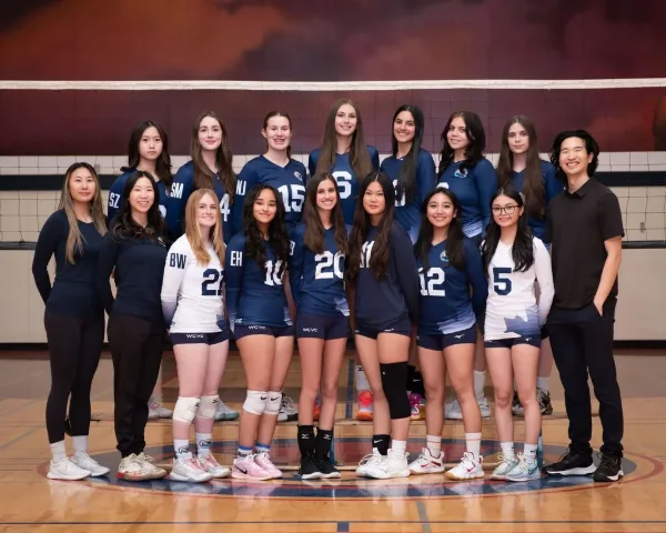 Volleyball team photo with athletes holding a game ball on the court