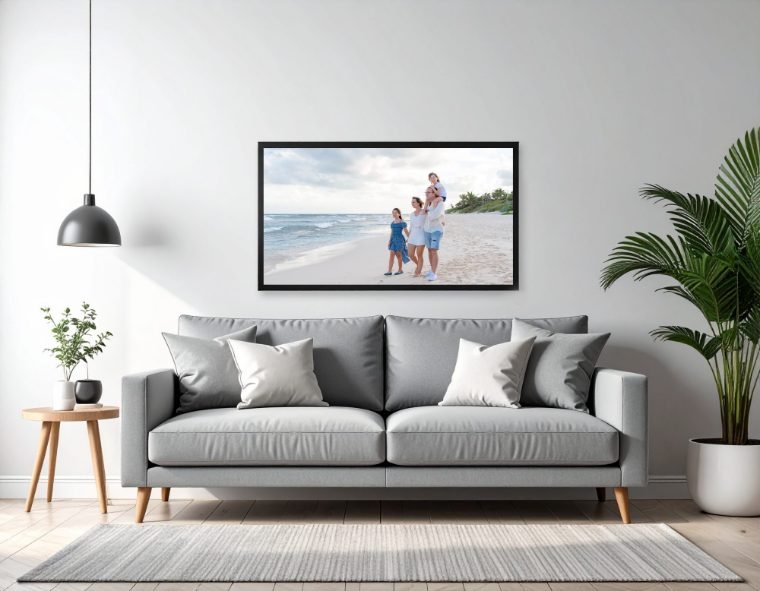 Framed beach family portrait as wall art in a modern living room