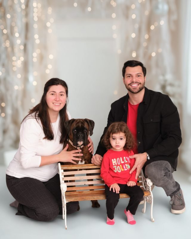 Parents kneeling beside their toddler and boxer dog on a wooden bench on the white holiday lights set