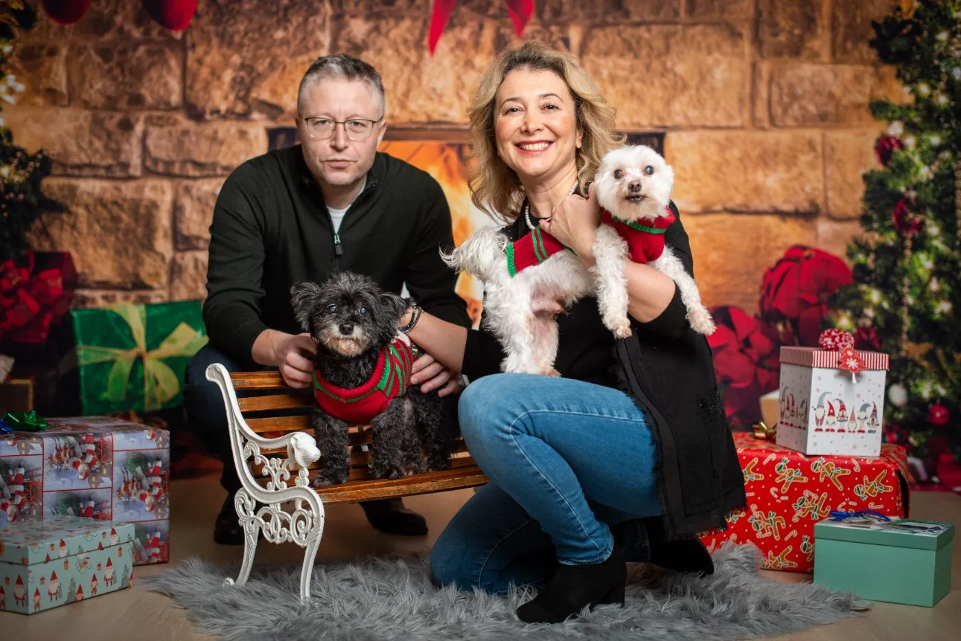 Couple with their two small dogs in holiday sweaters on the fireplace set during a Christmas mini session at the Langley studio