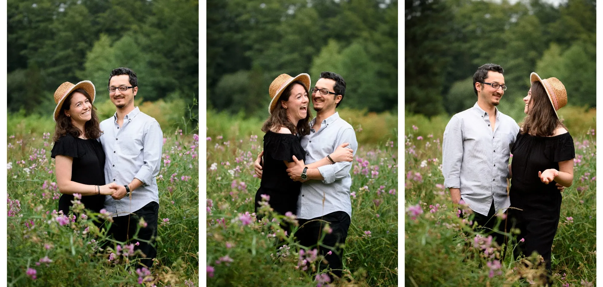 Three frame set of a couple laughing together in a wildflower meadow during an outdoor session
