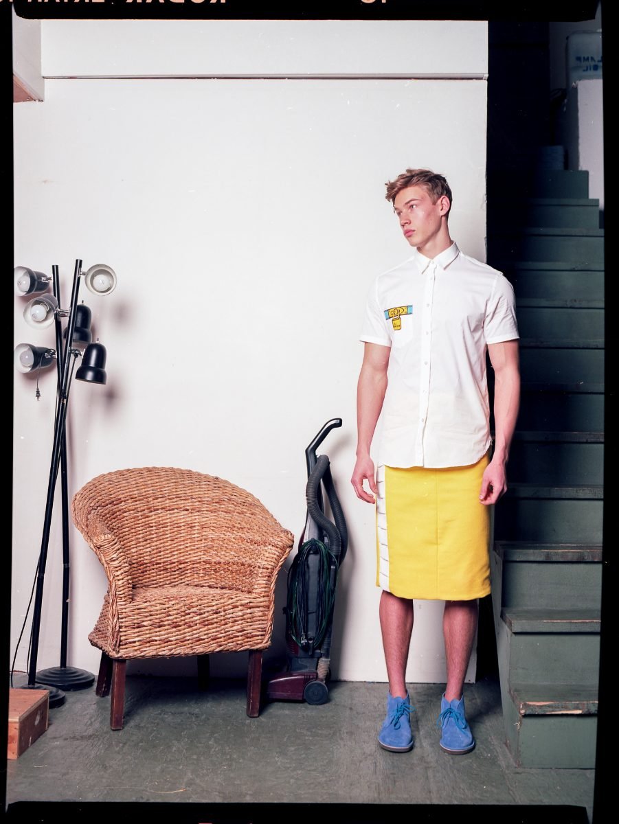 Menswear editorial photography shot on medium format film in a working studio interior
