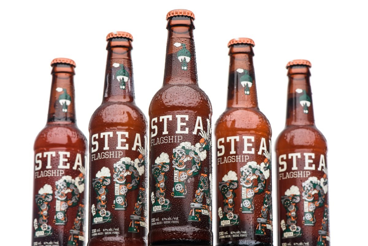 White background packshot of five chilled craft beer bottles for e-commerce listings