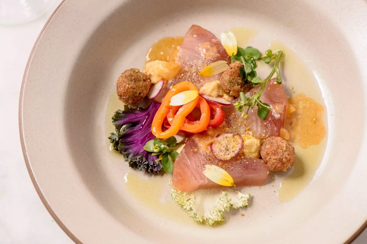 Fine dining food photography of hamachi crudo with peppers and croquettes in a wide ceramic bowl