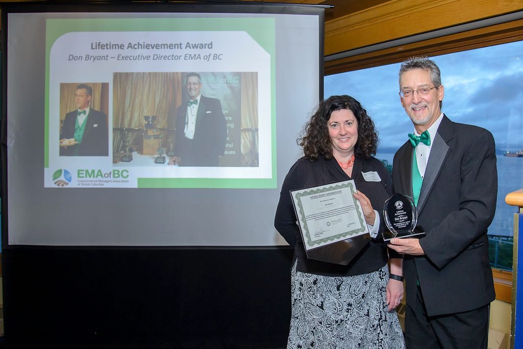 Lifetime achievement award presented on stage at an association awards night in Vancouver