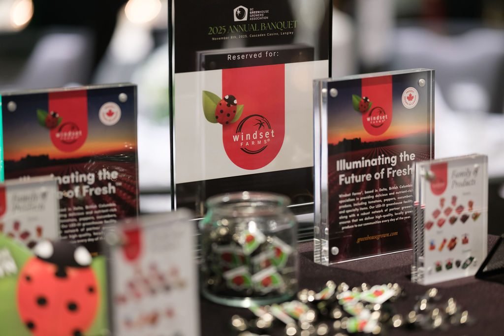 Engraved glass awards displayed on a table before an association awards ceremony