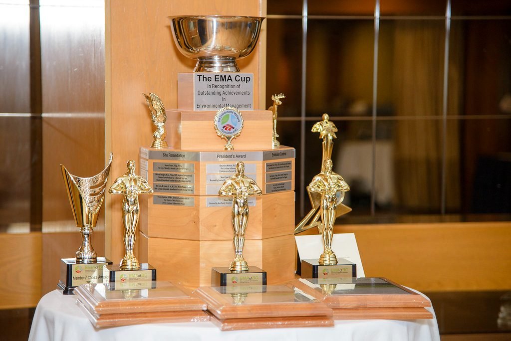 Perpetual trophies waiting on the display table before the awards presentation begins