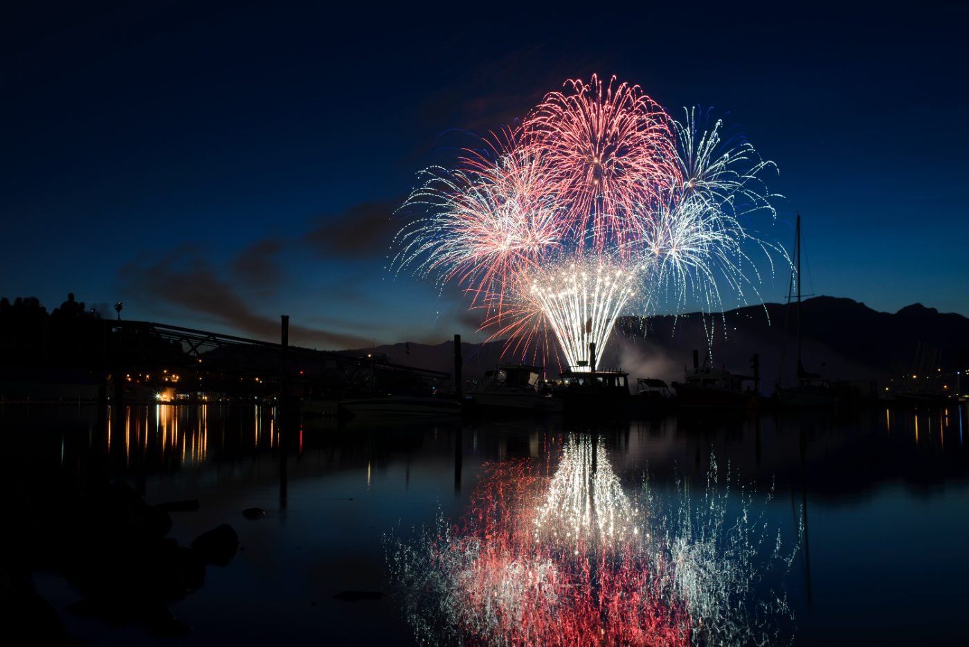 Fireworks finale reflected in the water at the close of a Canada Day festival