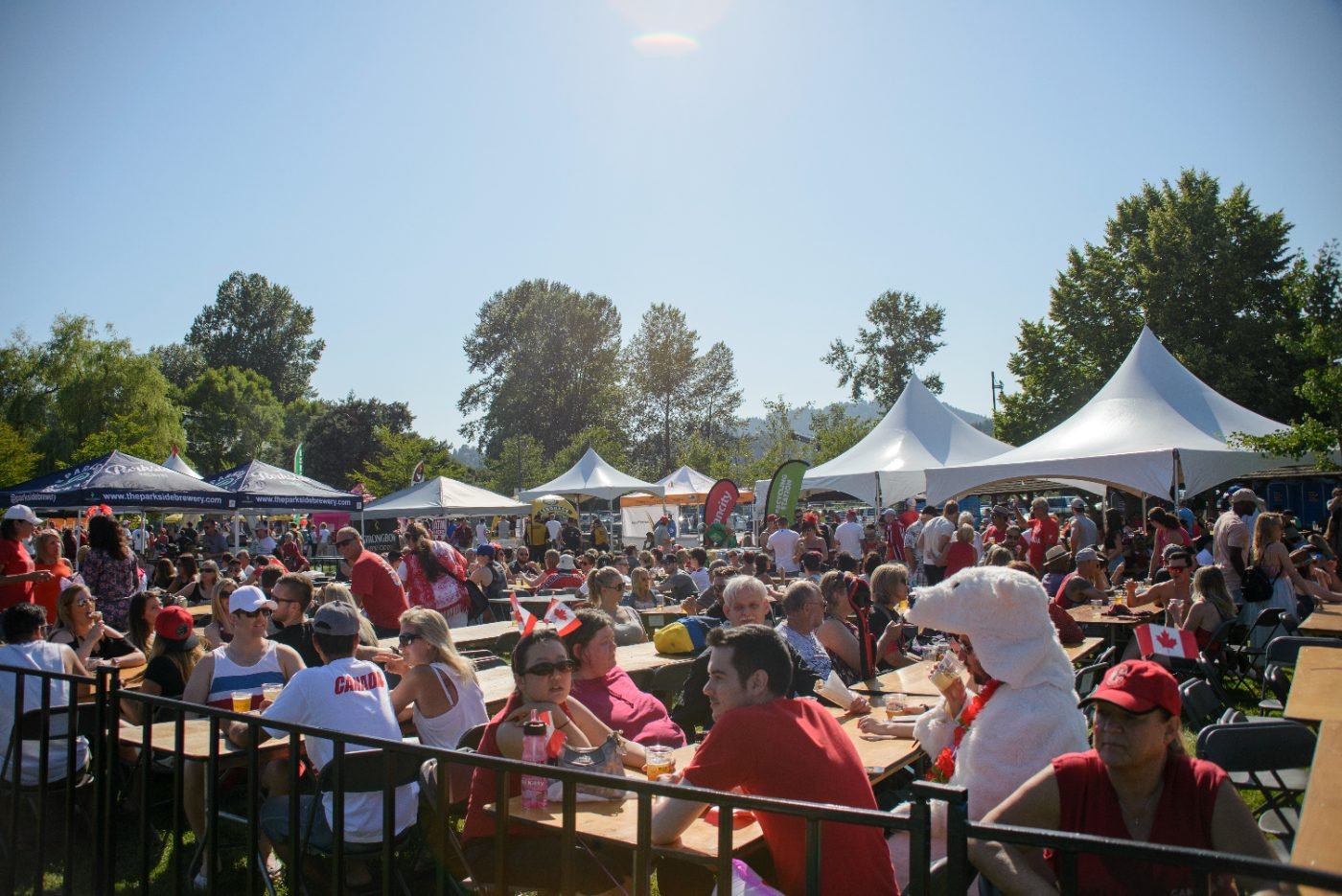Community festival crowd seated among vendor tents on a summer afternoon in the Lower Mainland