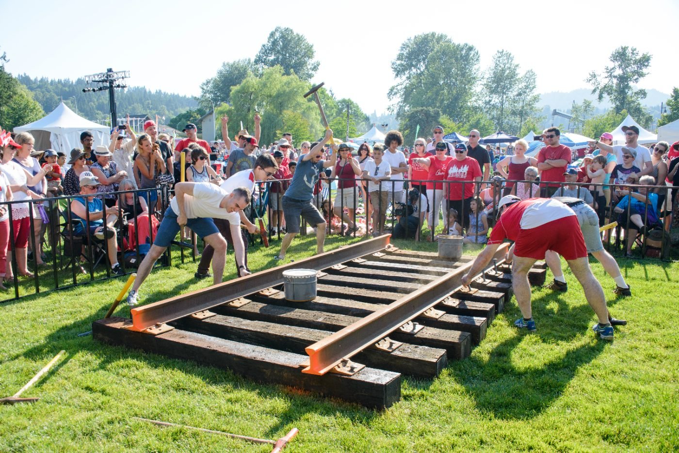 Spectators watching a tug of war on the grass at a community festival