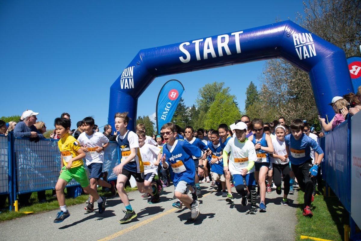 Children setting off under the start arch at a Vancouver community run