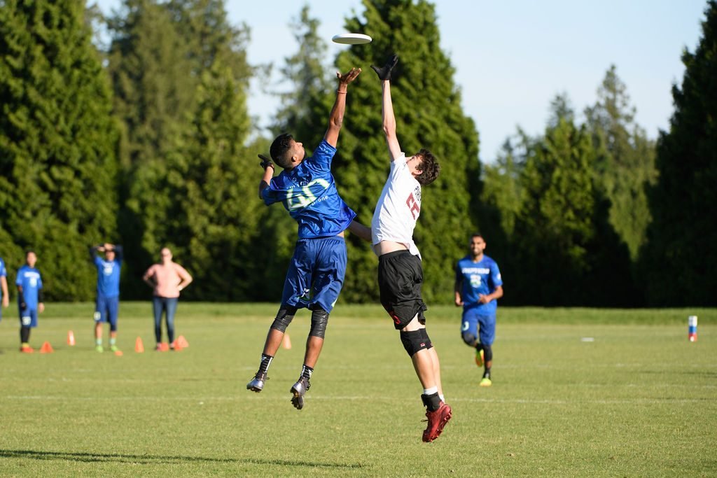 Two ultimate frisbee players contesting a disc in mid-air