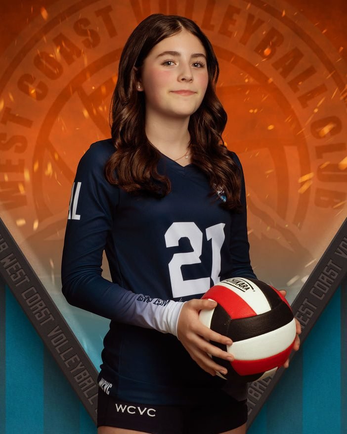Individual volleyball player portrait on a club-branded banner background