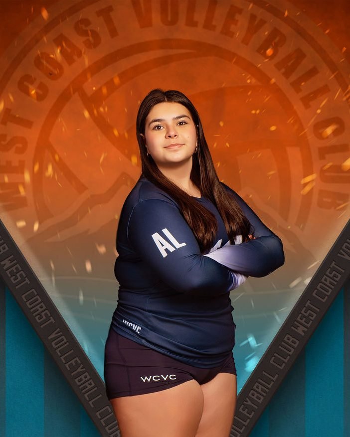 Volleyball athlete portrait on a purple club banner background