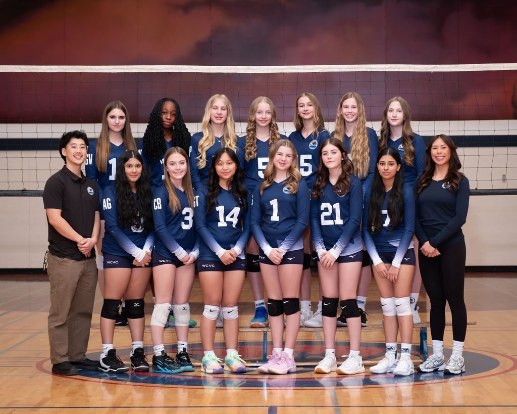 Volleyball club team photo with players and coaching staff in Langley BC