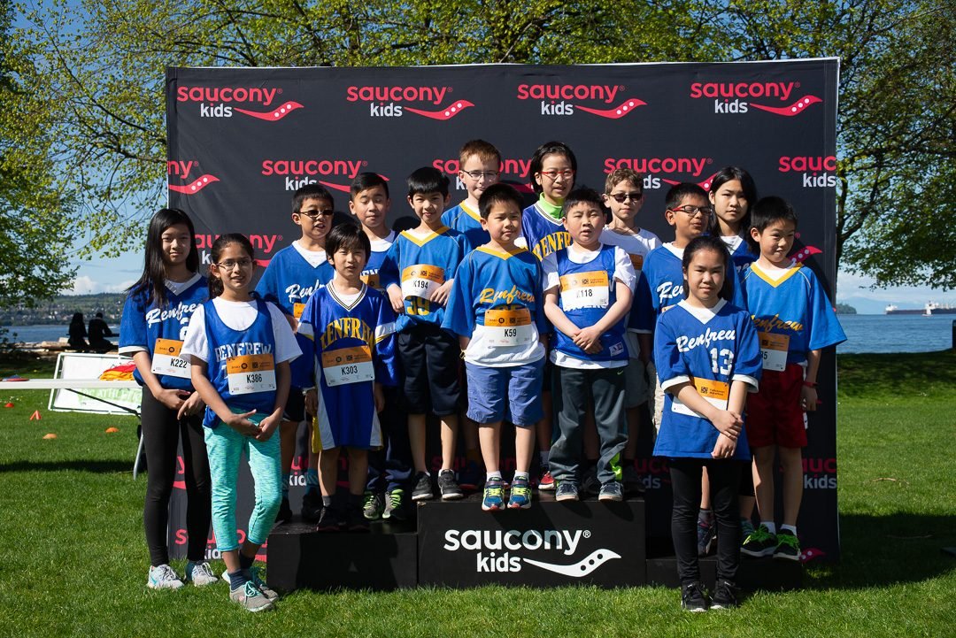 Young athletes posing together at a kids running event